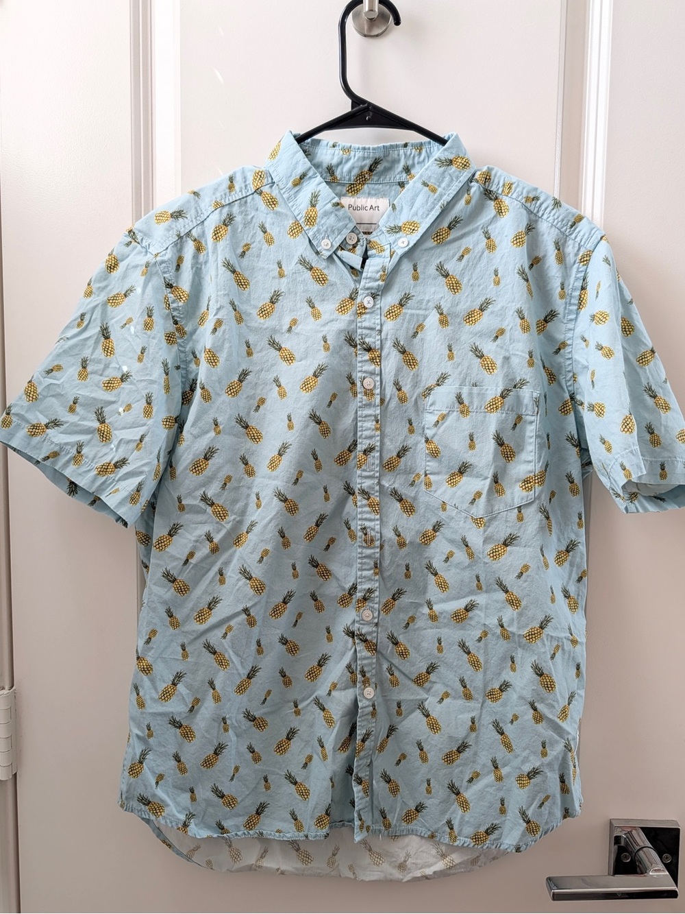 Public Art Light Blue Pineapple Pattern Button Up Short Sleeve Shirt